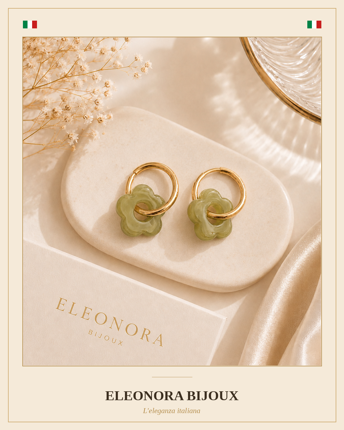 Boucles d'oreilles créoles dorées à fleur verte en acier inoxydable