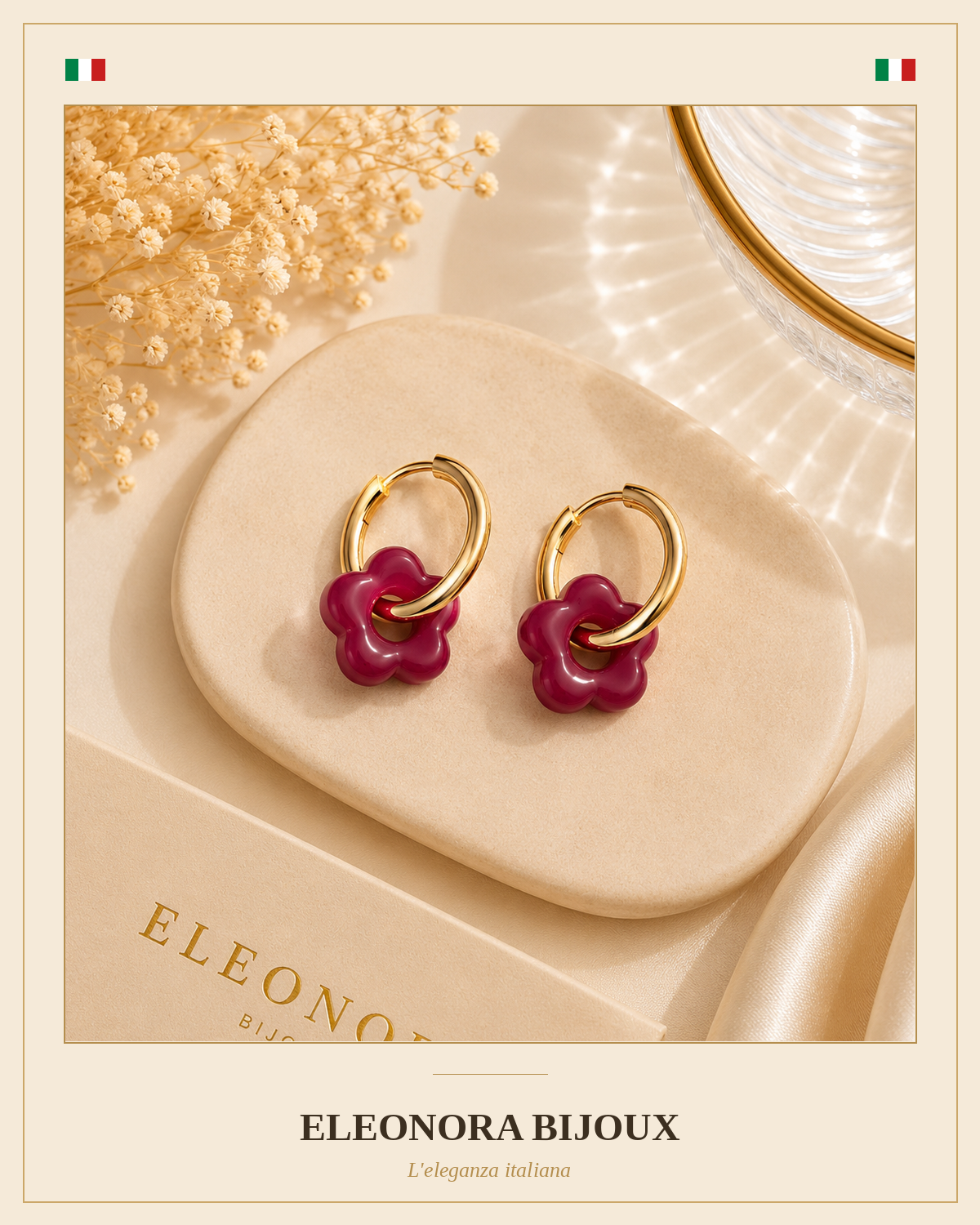 Boucles d'oreilles créoles dorées à fleur rouge en acier inoxydable