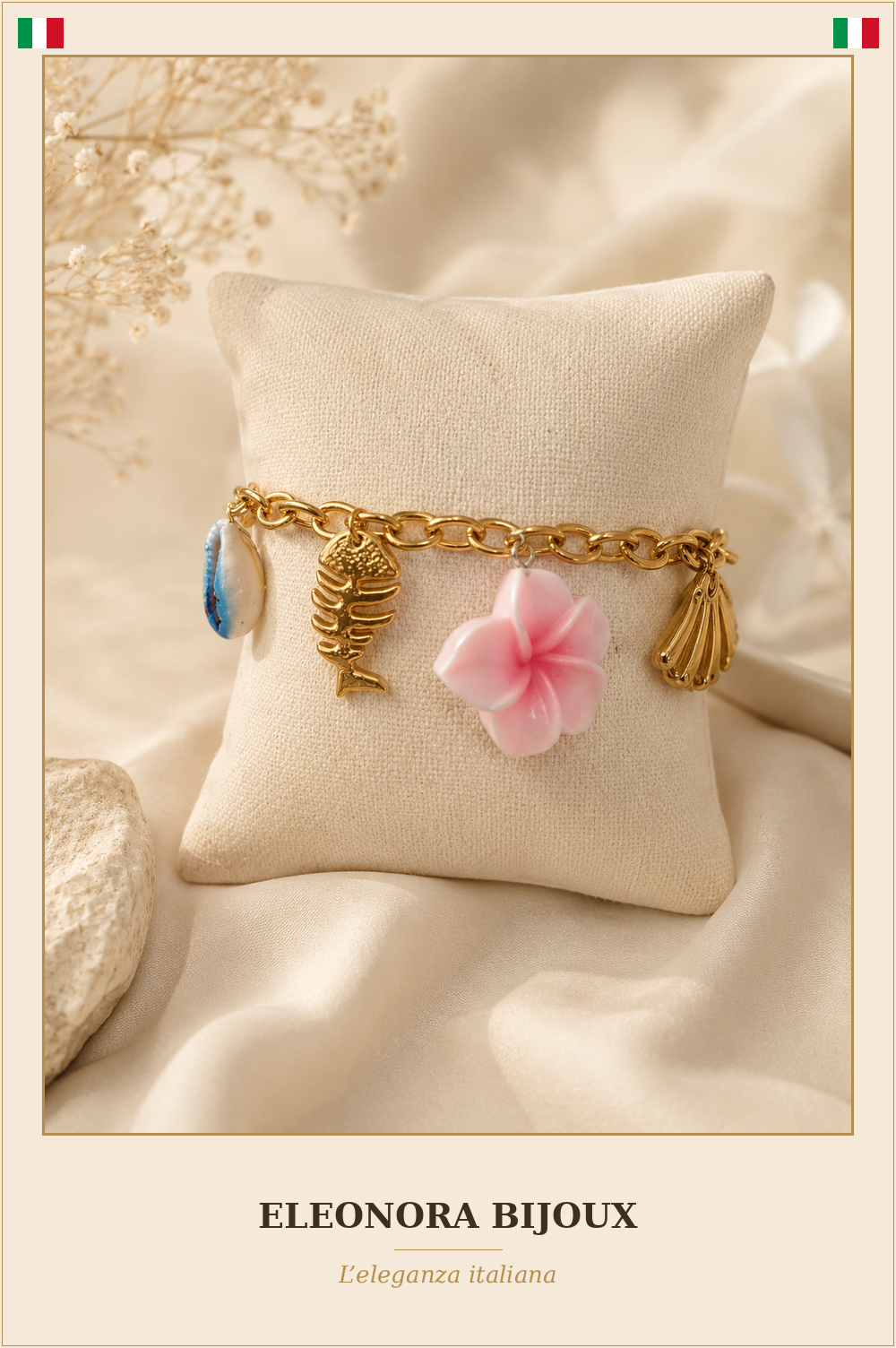 Bracelet Été doré frangipanier rose - Eleonora Bijoux