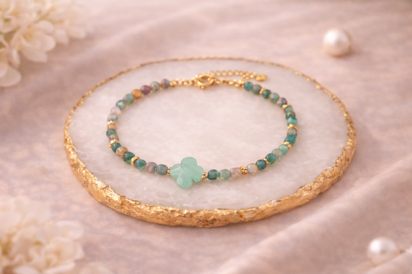 Bracelet Rosalia doré en Aventurine Verte et Agate Indienne