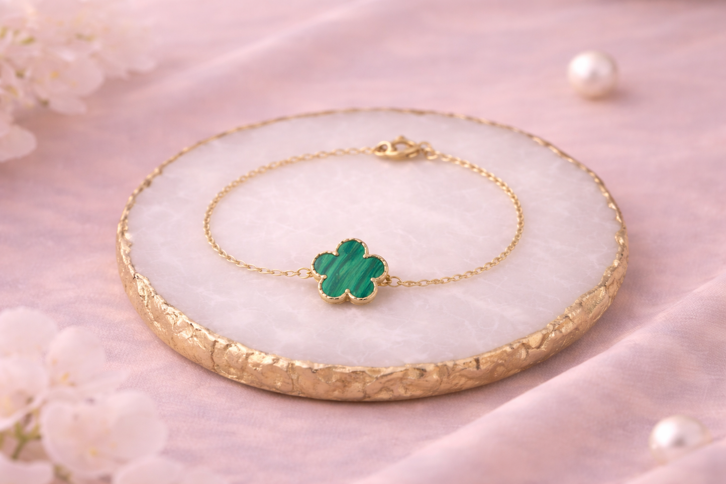 Bracelet Trèfle Doré en Acier Inoxydable et Pierre Verte