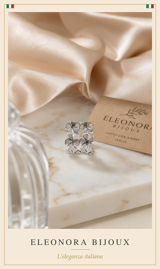Bague argentée fleurs martelées en acier inoxydable - Eleonora Bijoux
