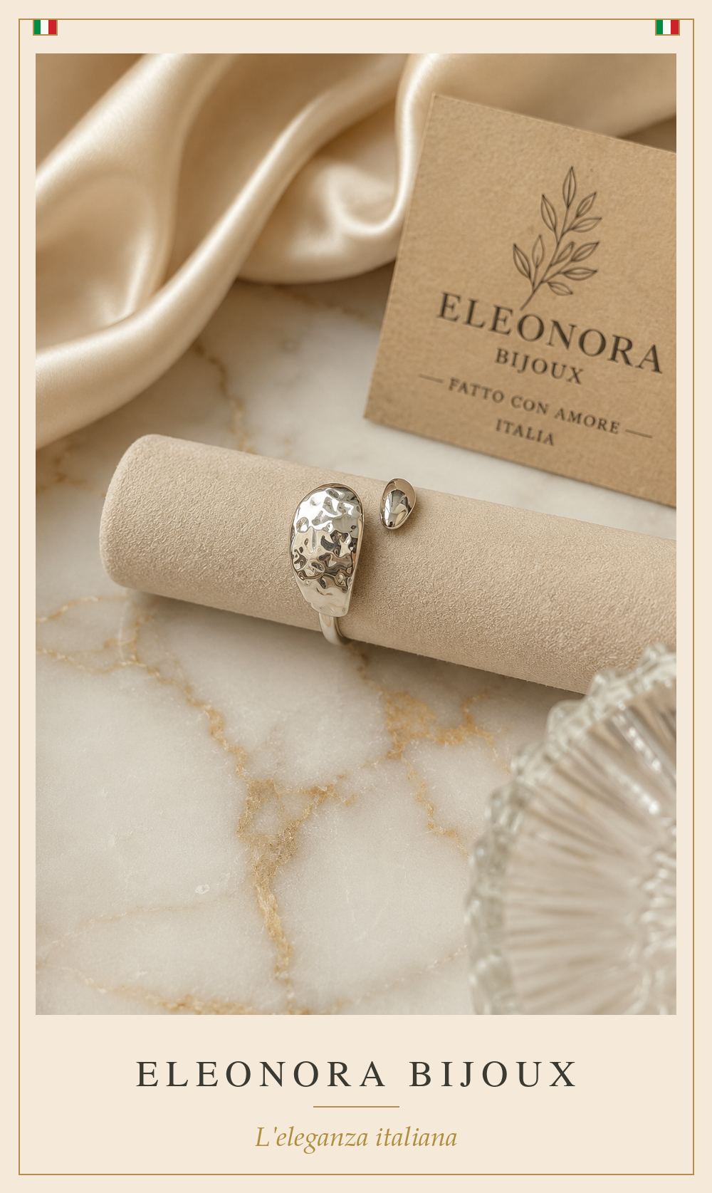 Bague argentée ouverte martelée en acier inoxydable - Eleonora Bijoux