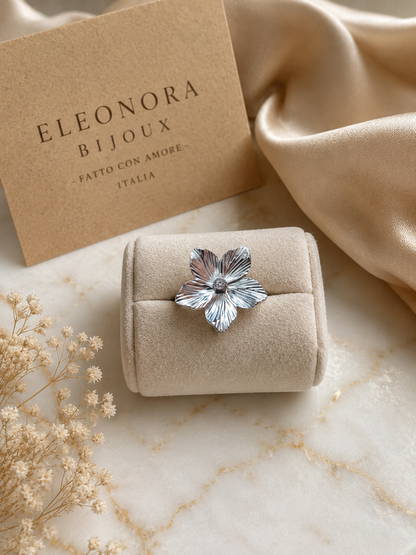 Bague argentée grande fleur - photo sur présentoir
