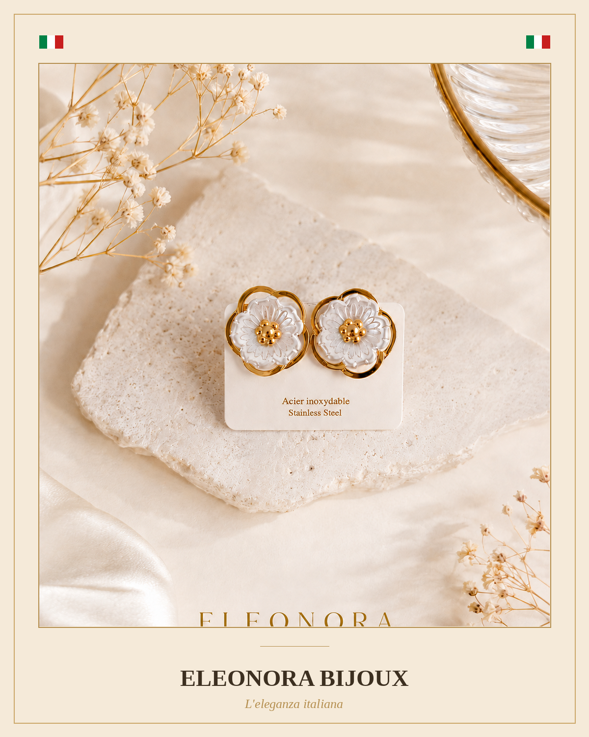 Boucles d'oreilles dorées Femme Fleur perlée en acier inoxydable