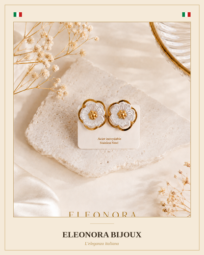 Boucles d'oreilles dorées Femme Fleur perlée en acier inoxydable