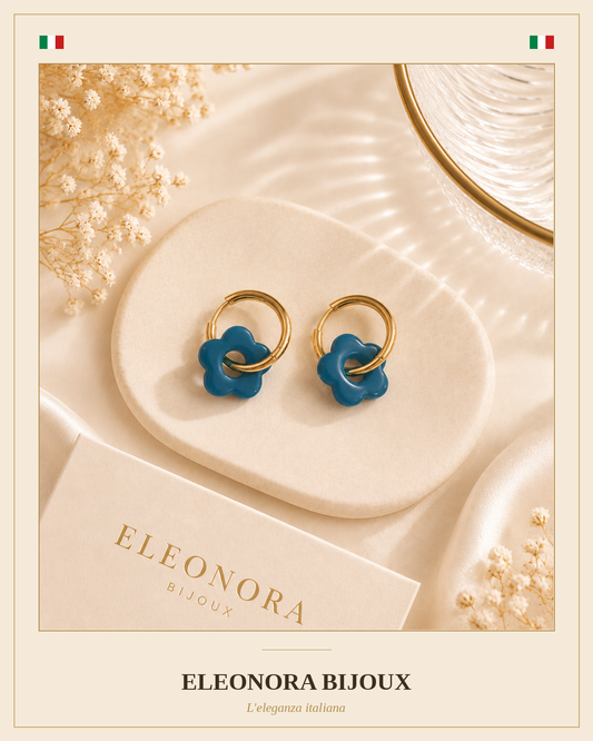 Boucles d'oreilles créoles dorées à fleur bleue en acier inoxydable