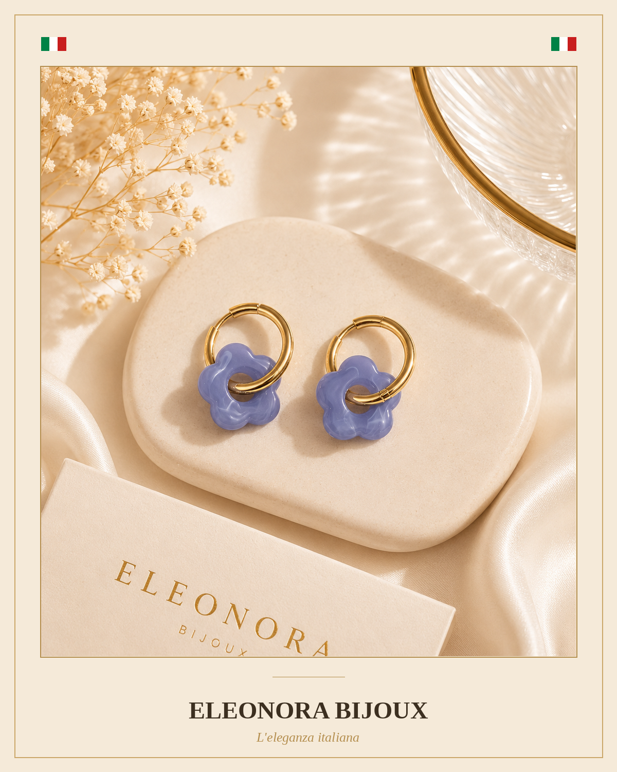 Boucles d'oreilles créoles dorées à fleur bleu lavande en acier inoxydable
