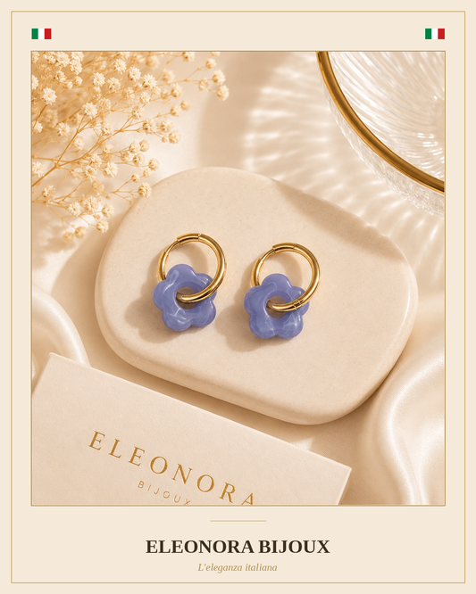Boucles d'oreilles créoles dorées à fleur bleu lavande en acier inoxydable