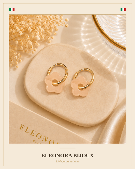 Boucles d'oreilles créoles dorées à fleur rose poudré en acier inoxydable