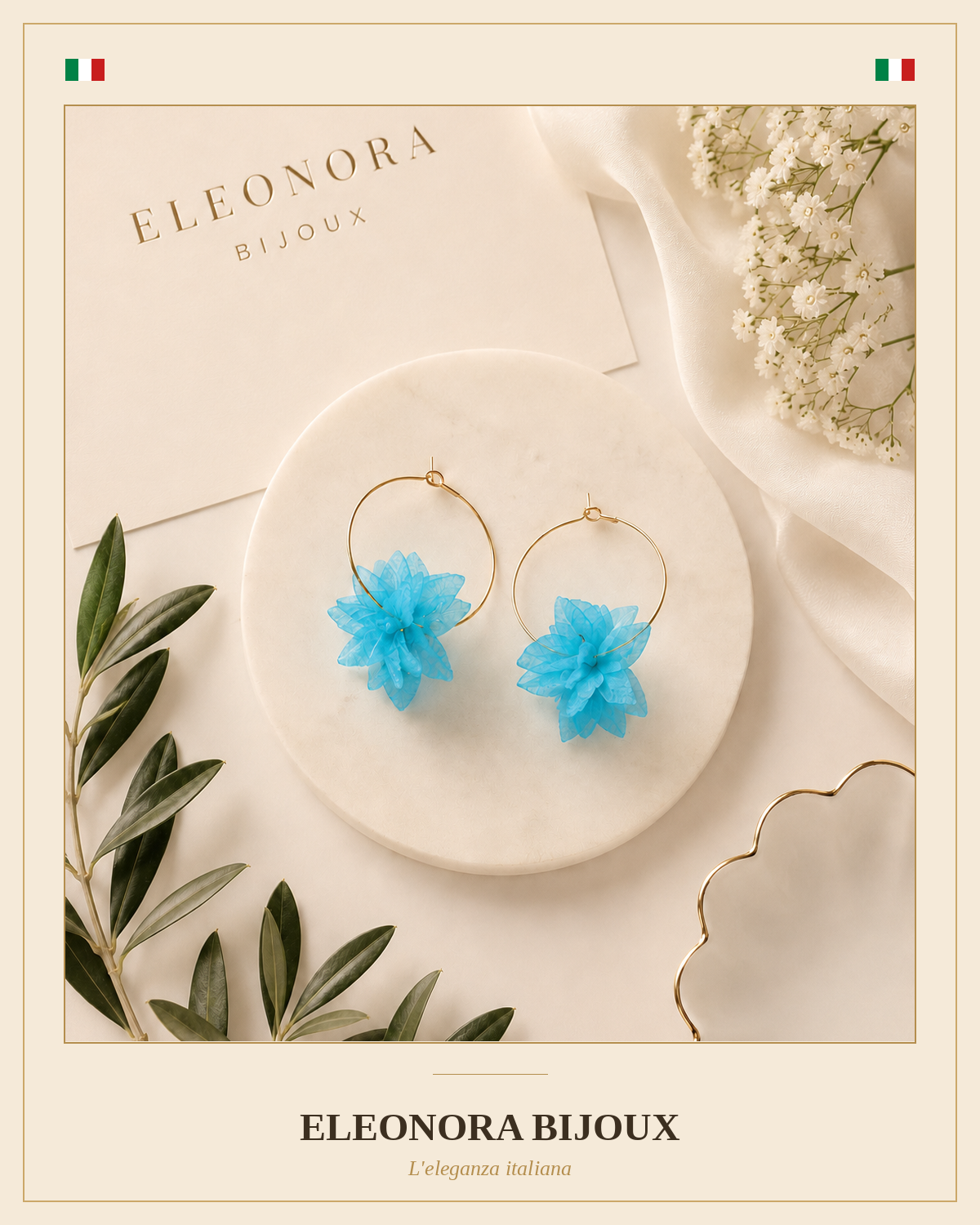 Boucles d'oreilles créoles dorées fleur turquoise