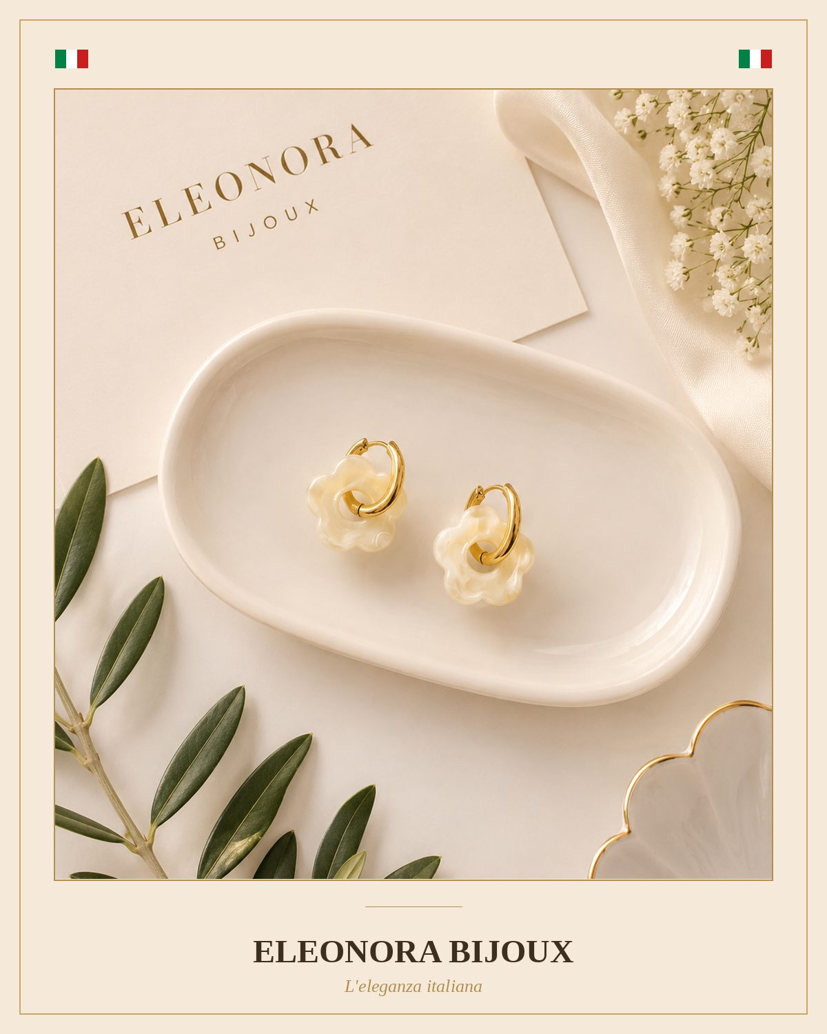 Boucles d'oreilles créoles dorées fleur ivoire