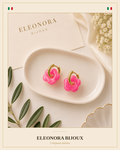 Boucles d'oreilles créoles dorées fleur fuchsia