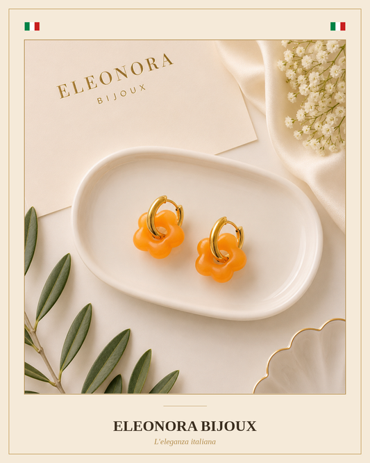 Boucles d'oreilles créoles dorées fleur orange pêche