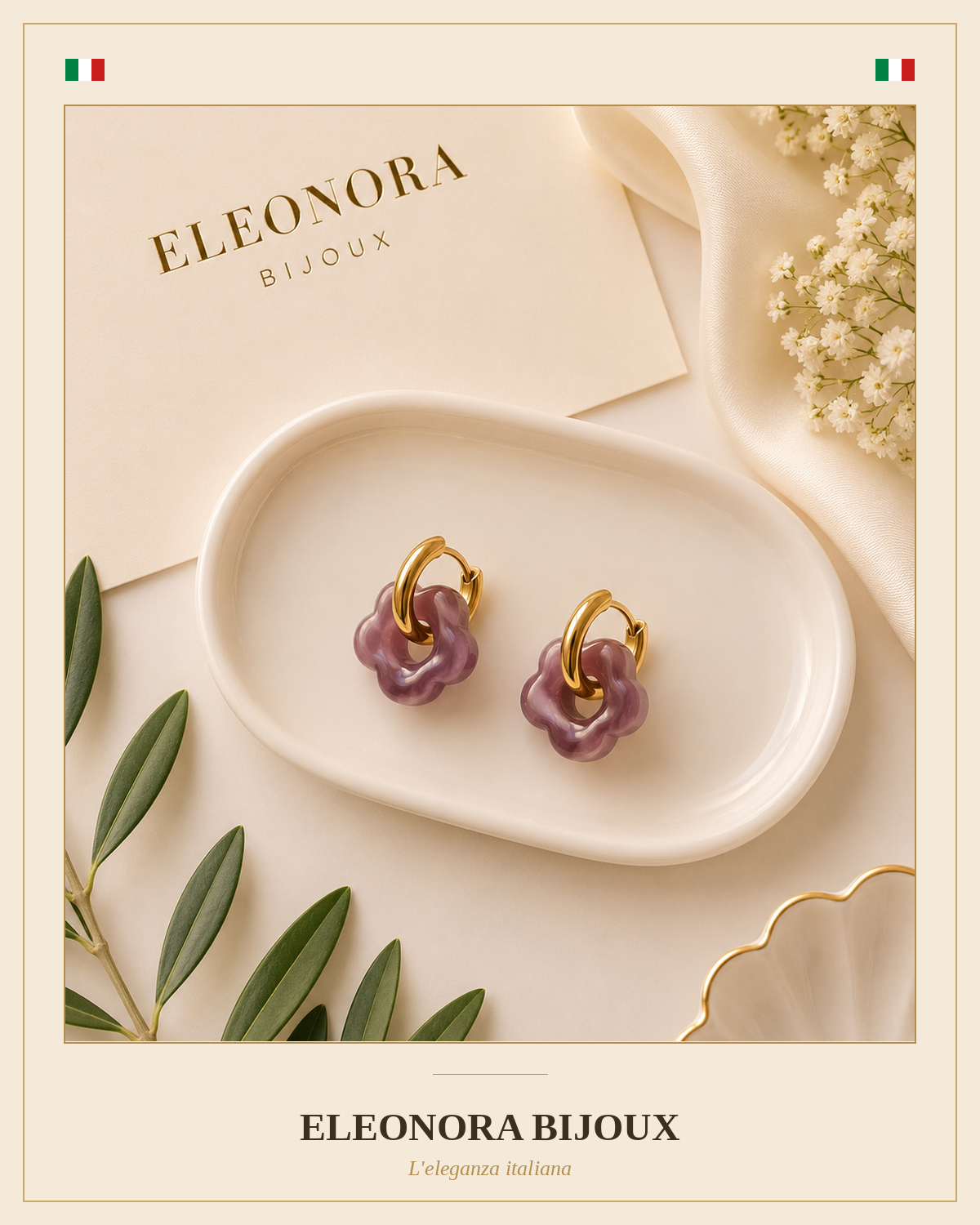 Boucles d'oreilles créoles dorées fleur violette
