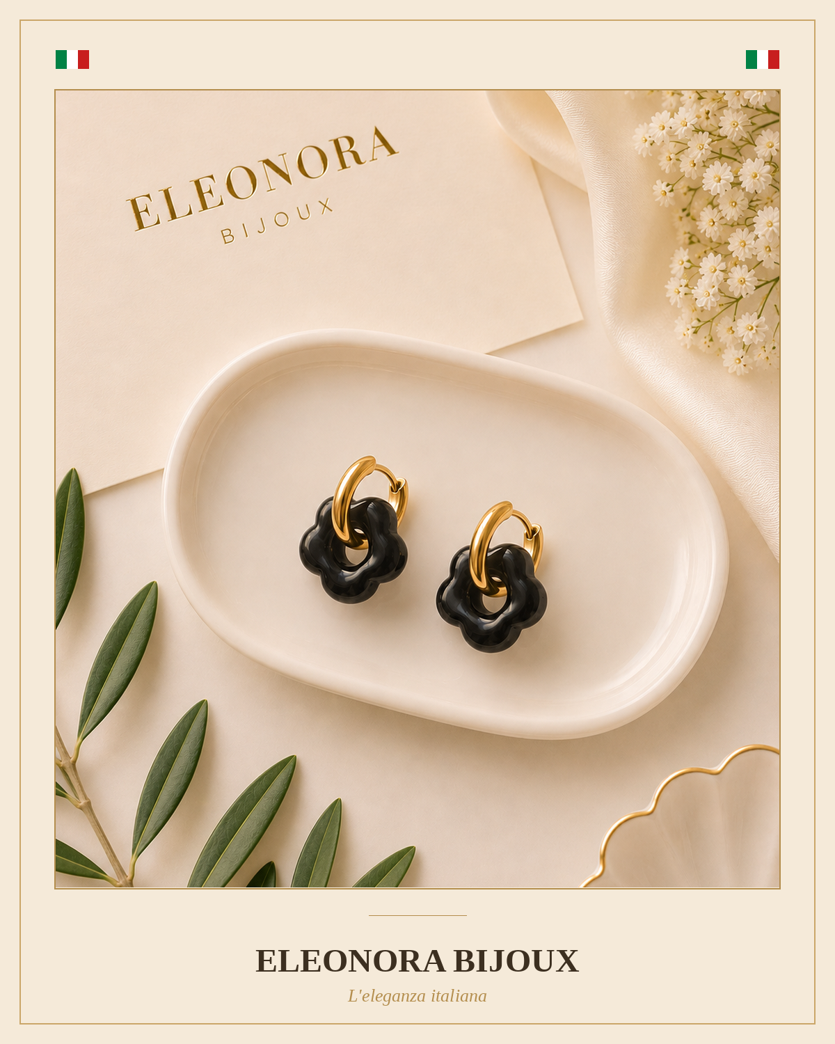 Boucles d'oreilles créoles dorées fleur noire