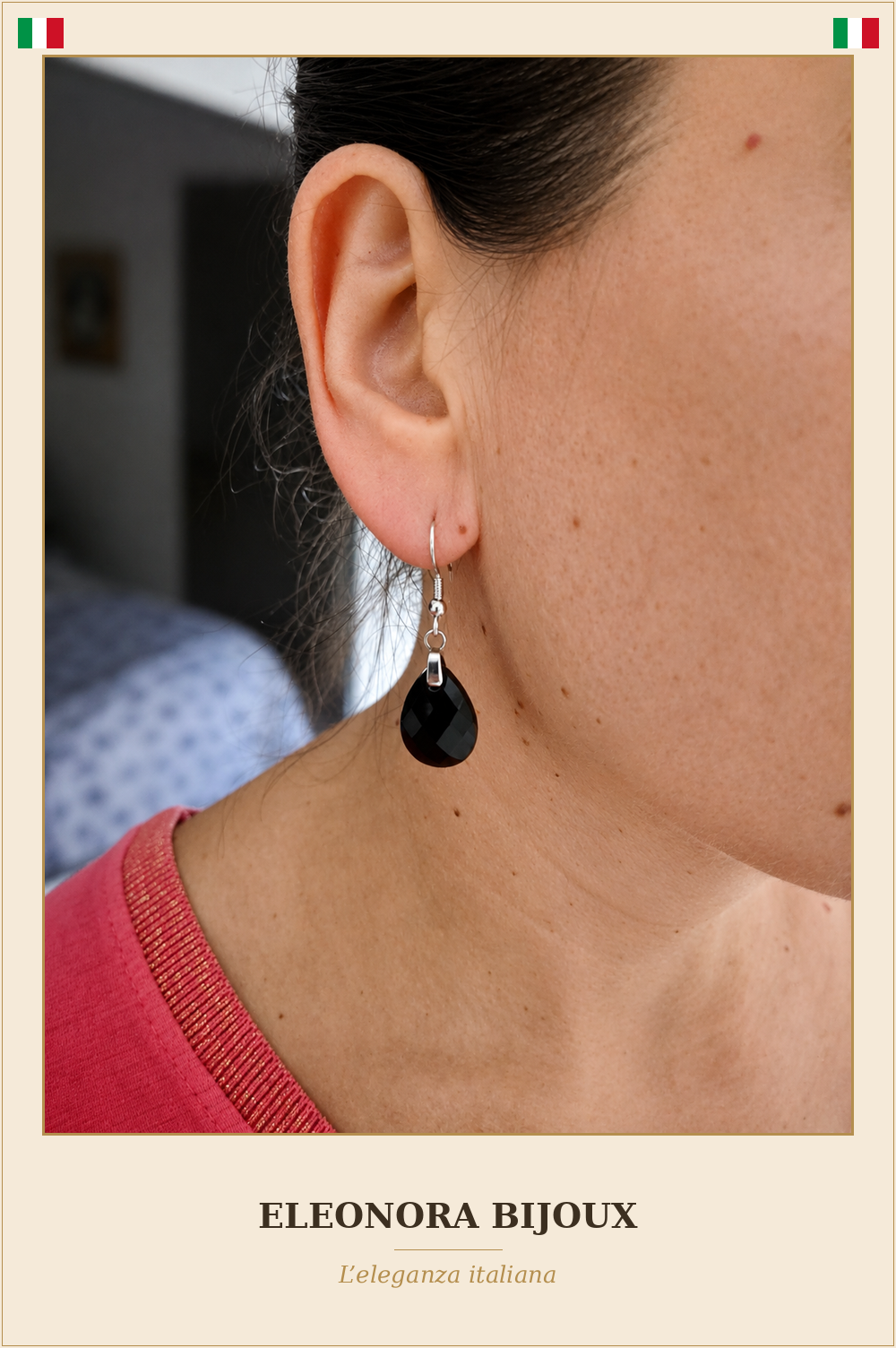 Boucles d'oreilles Lyor Obsidienne Noire portées - Eleonora Bijoux