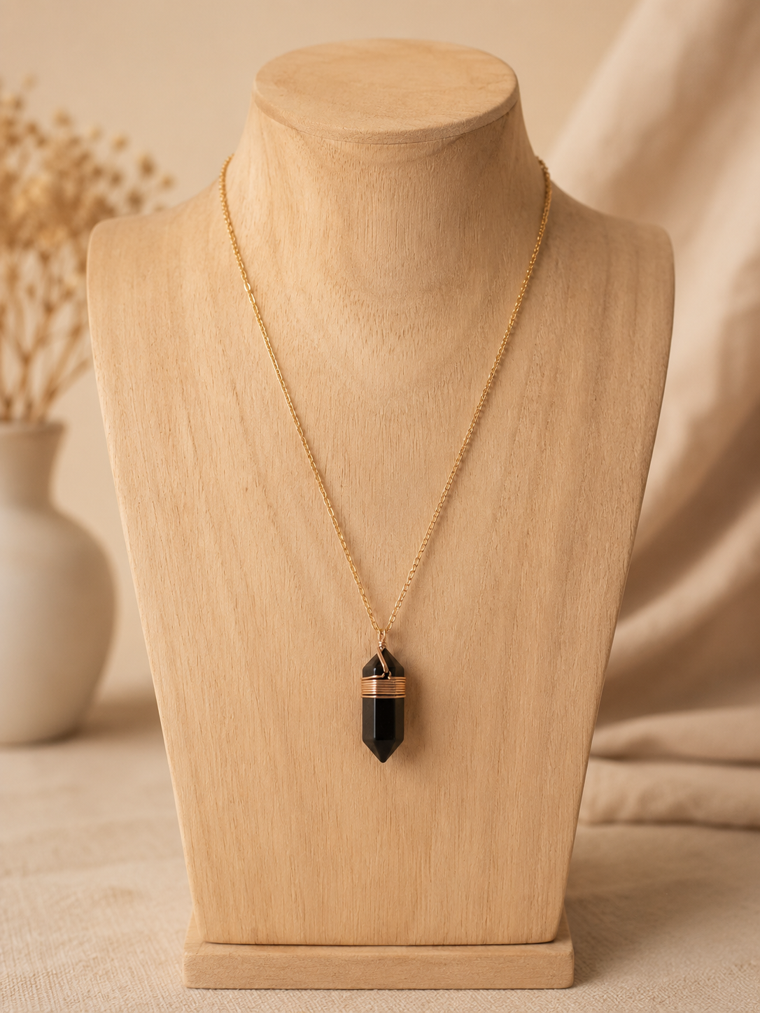 Collier Boho Obsidienne Noire - photo studio