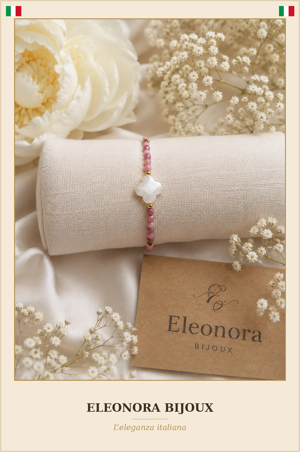 Bracelet Élina doré en Rhodonite et Trèfle Nacre - Eleonora Bijoux