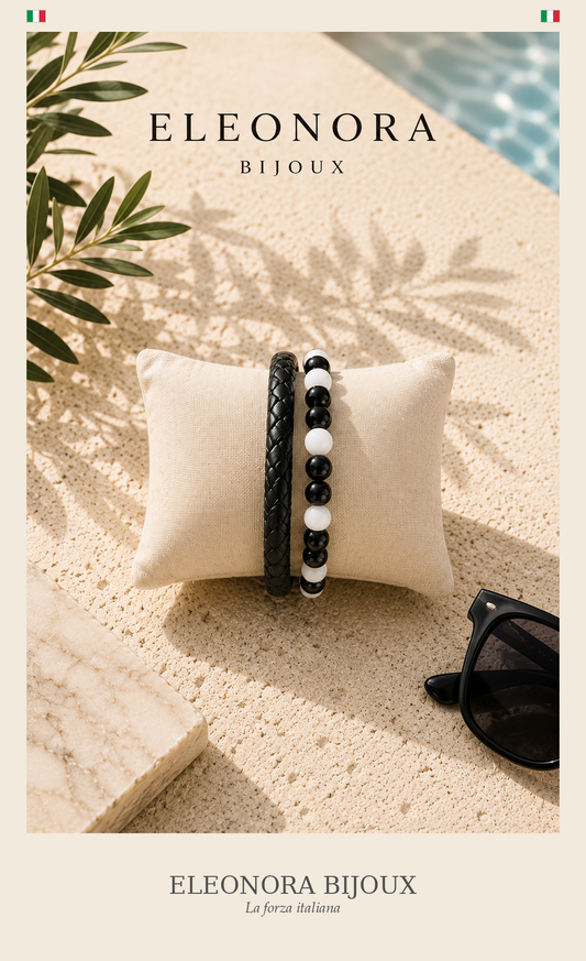Bracelet Aska Homme cuir noir howlite blanche et onyx