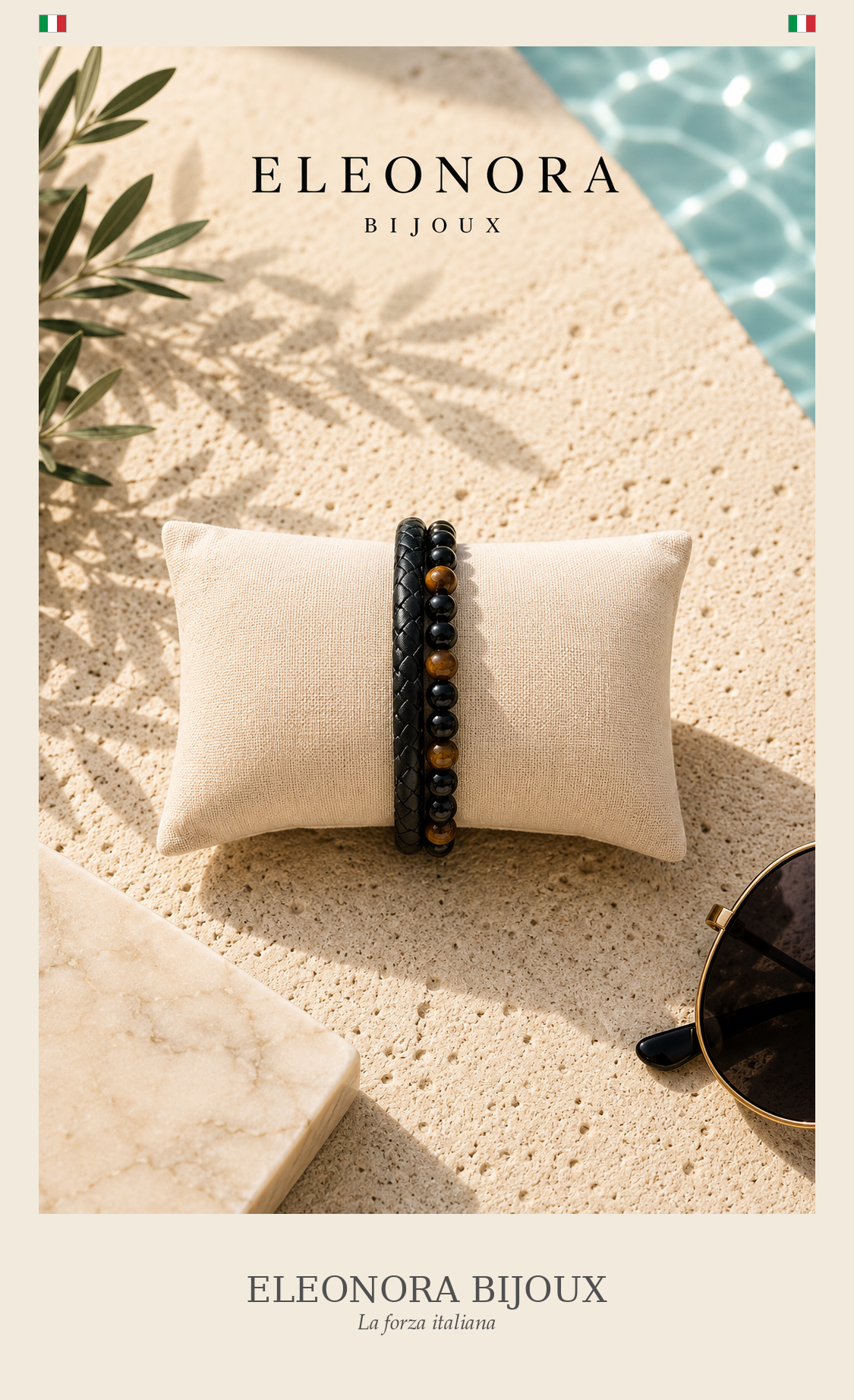 Bracelet Aska Homme cuir noir oeil de tigre et onyx