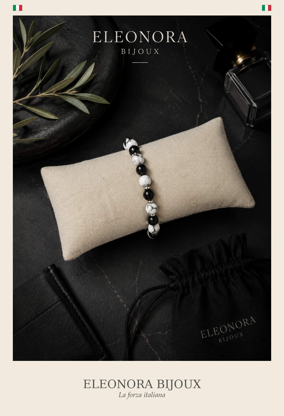 Bracelet Célyos Homme howlite blanche et onyx