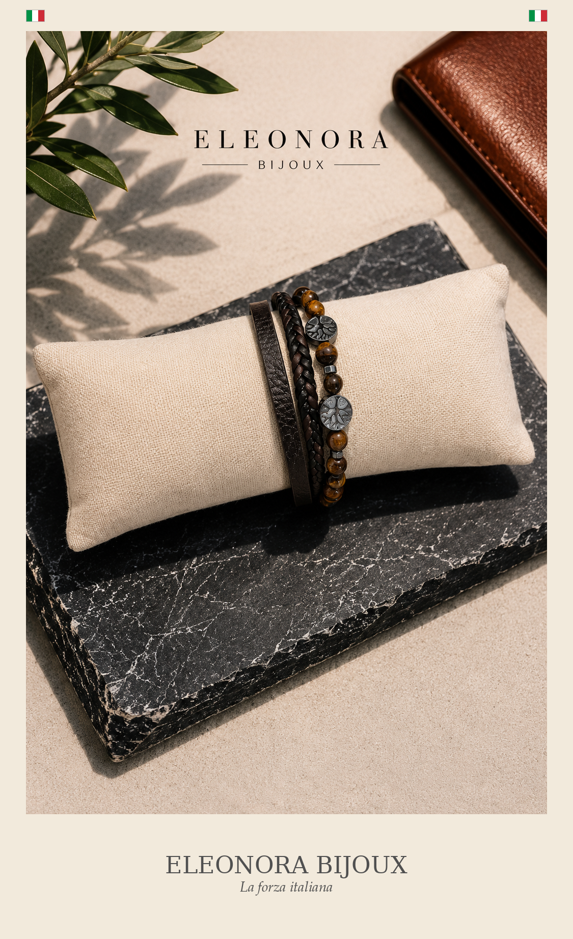 Bracelet Koru Homme cuir brun oeil de tigre et onyx