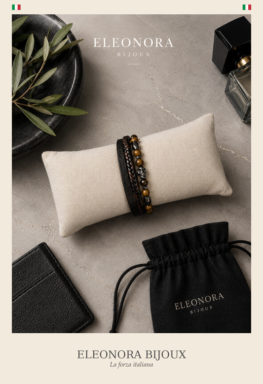 Bracelet Noxis Homme cuir noir et oeil de tigre