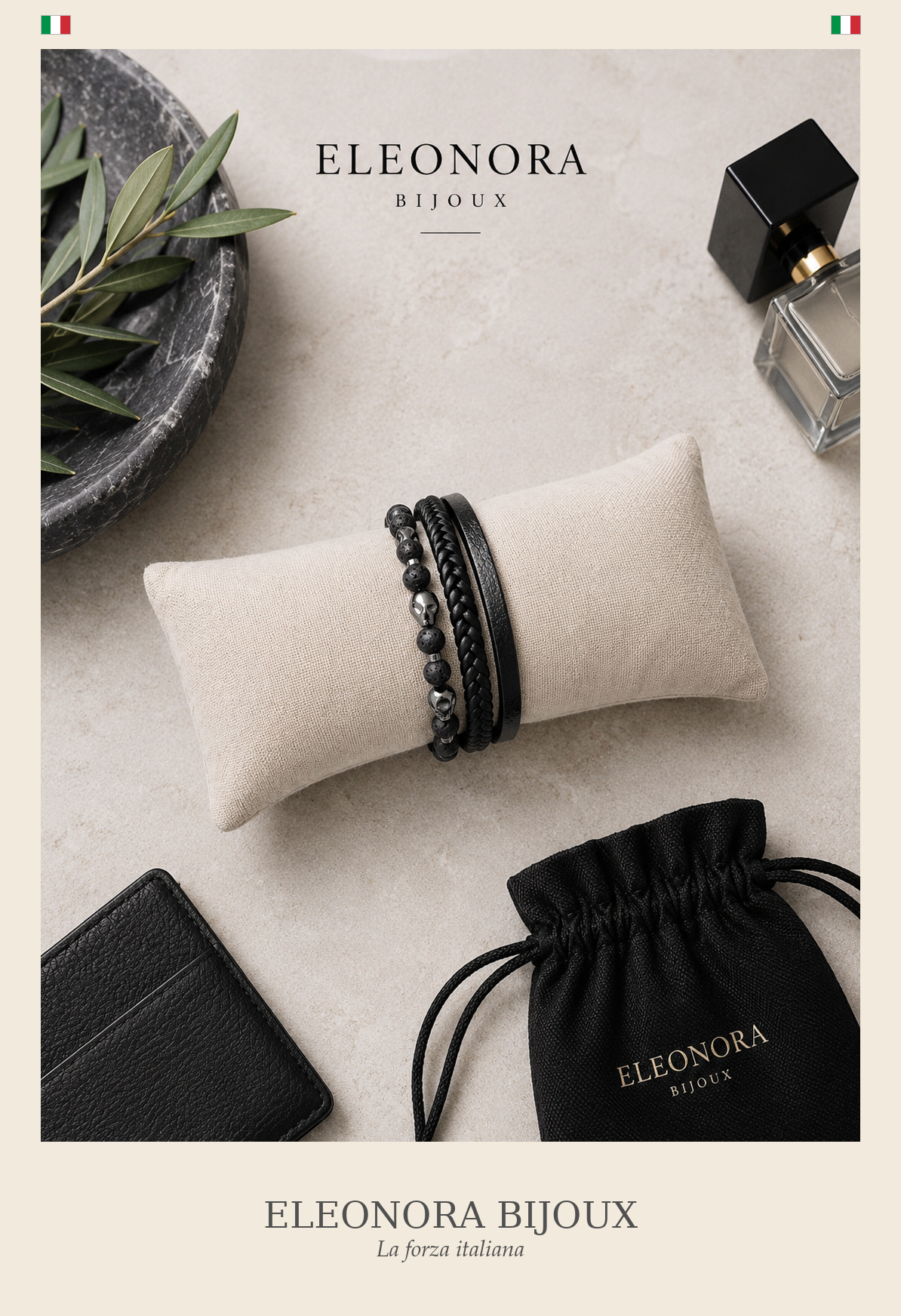 Bracelet Noxis Homme cuir noir et pierre de lave