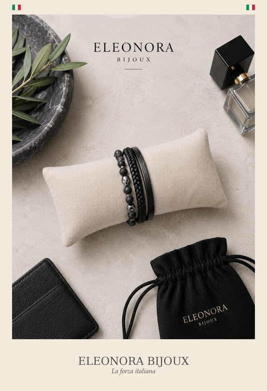 Bracelet Noxis Homme cuir noir et pierre de lave
