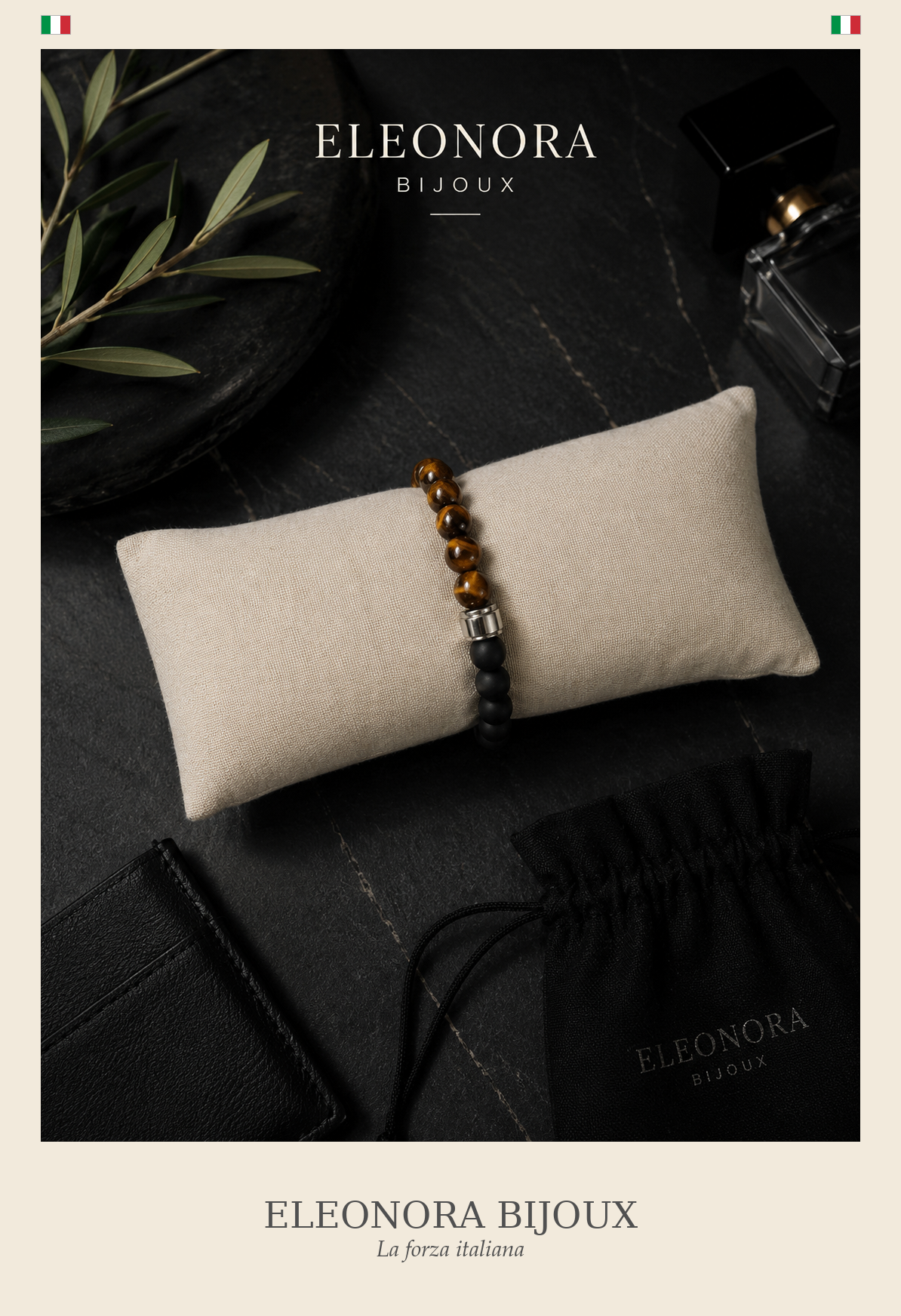 Bracelet Unys argenté Homme onyx et oeil de tigre