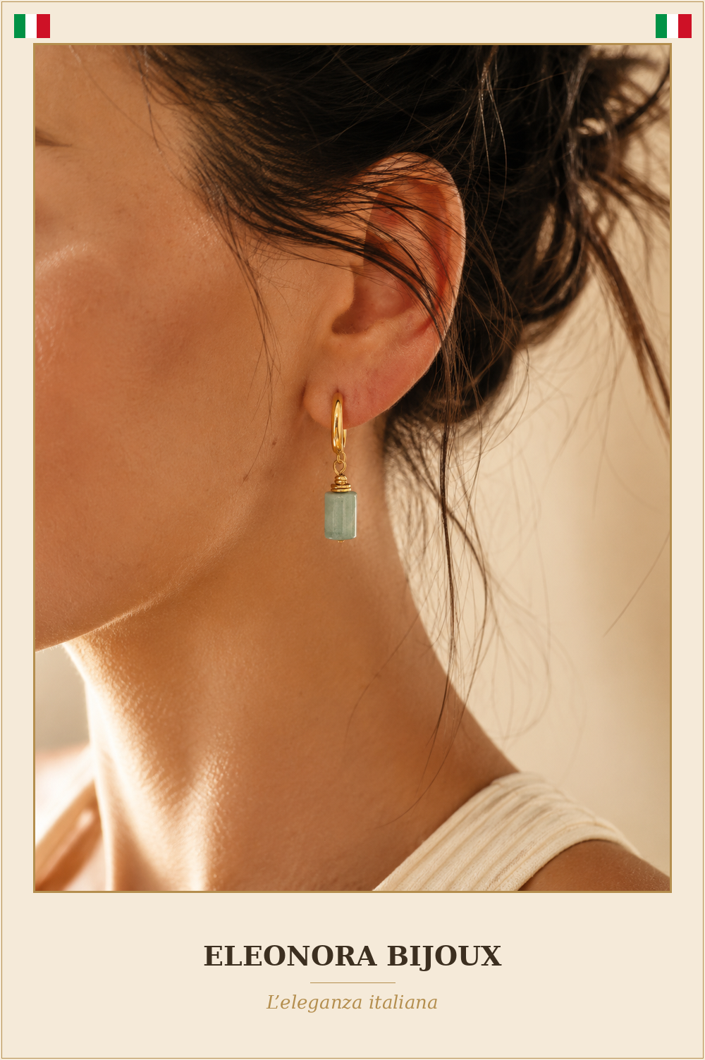 Boucles d'oreilles Cléa dorées en Amazonite portées - Eleonora Bijoux