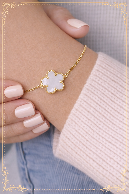 Bracelet Trèfle Doré en Acier Inoxydable et Pierre Blanche