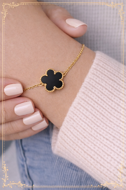 Bracelet Trèfle Doré en Acier Inoxydable et Pierre Noire
