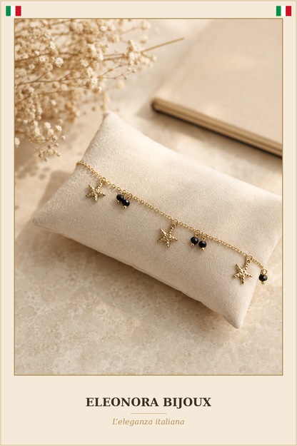 Bracelet de cheville Étoile et Perles dorées et noires - Eleonora Bijoux