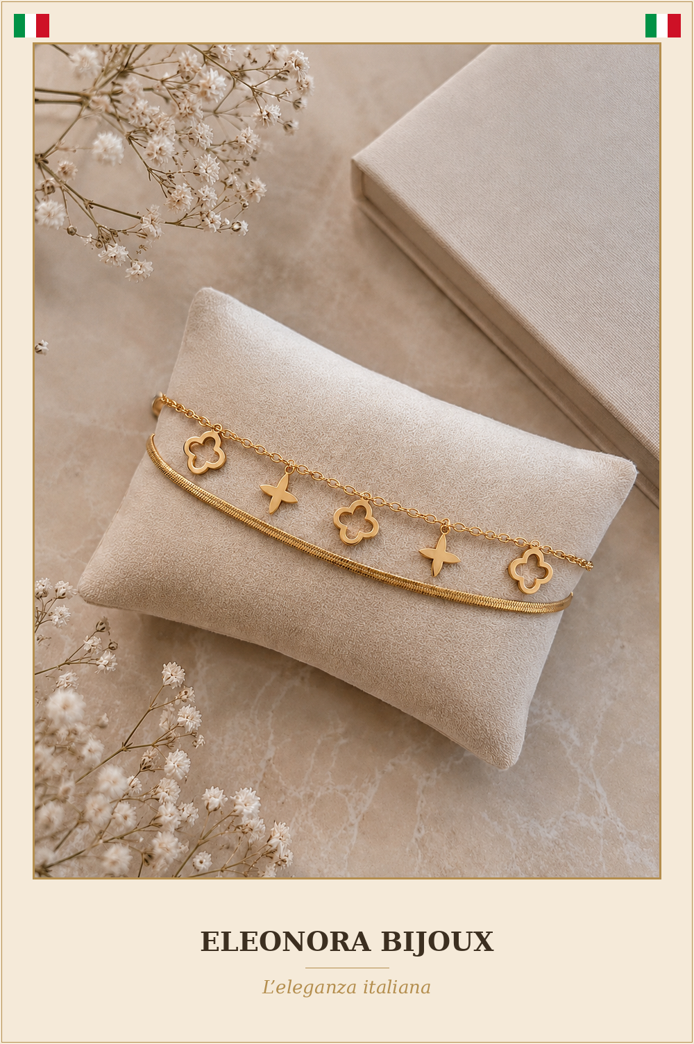 Bracelet de cheville Double doré Trèfles et Étoiles - Eleonora Bijoux