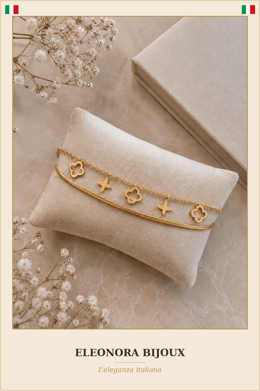 Bracelet de cheville Double doré Trèfles et Étoiles - Eleonora Bijoux