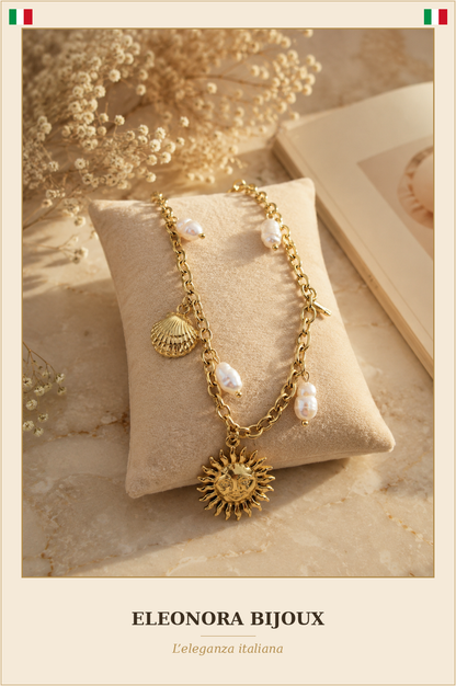 Bracelet de cheville doré Coquillage Perles et Soleil - Eleonora Bijoux