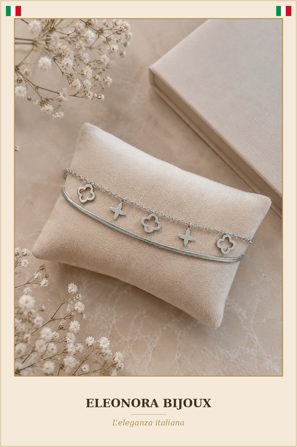Bracelet de cheville Double argenté Trèfles et Étoiles - Eleonora Bijoux
