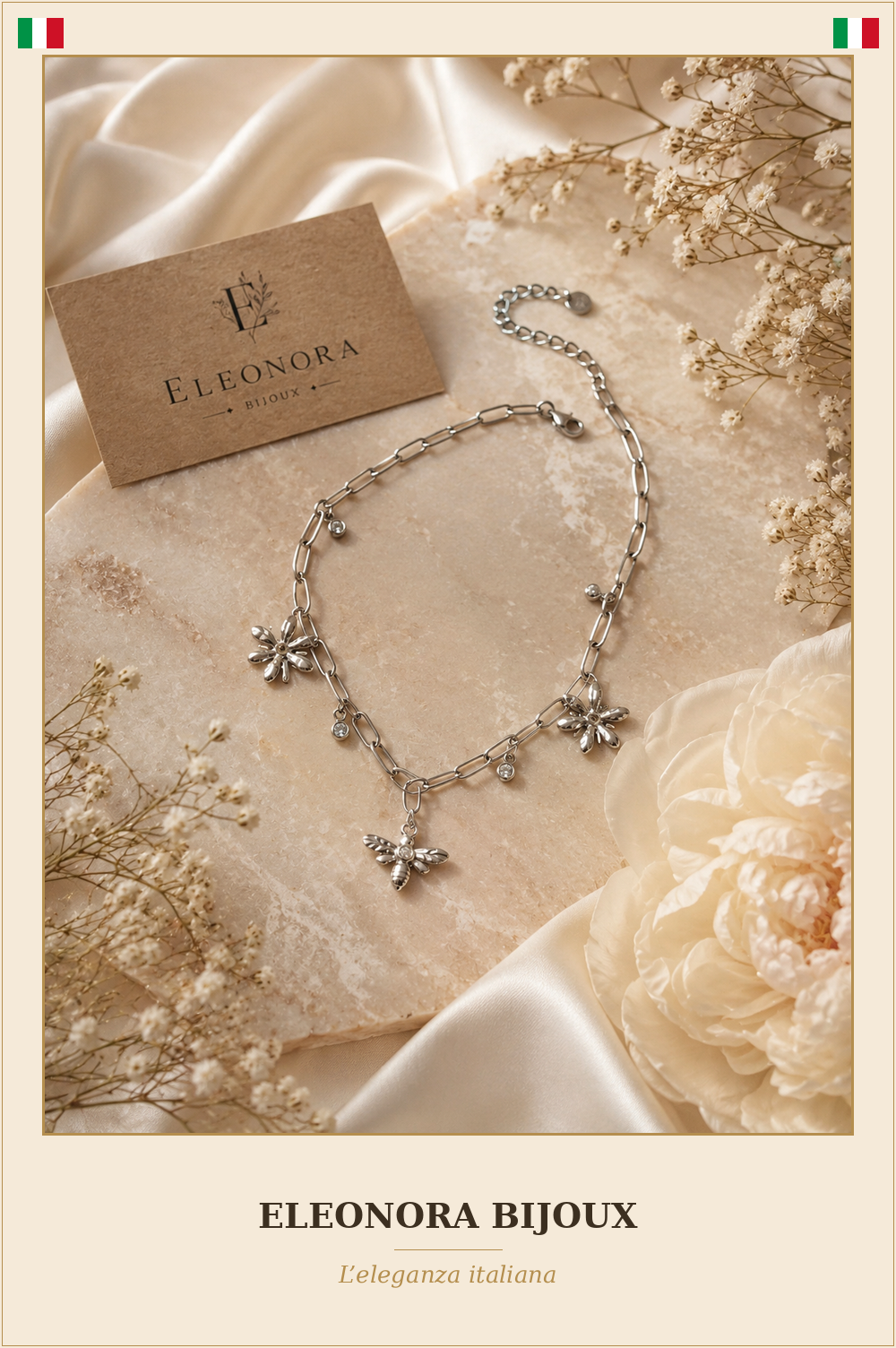 Bracelet de cheville argenté Étoiles Abeille Zircons - Eleonora Bijoux