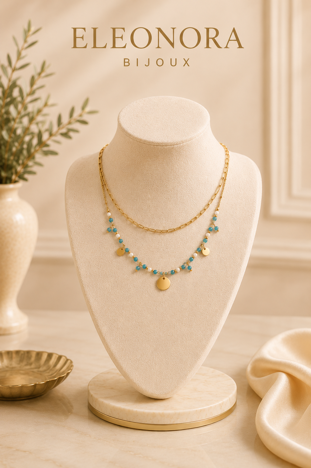 Collier Iris doré en Apatite Bleue et Aigue-Marine