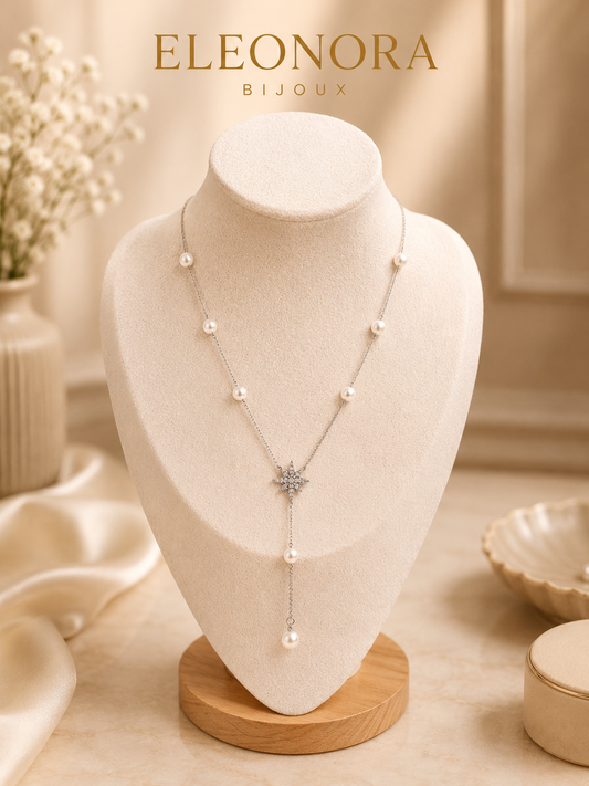 Collier Perles et Fleur Argenté