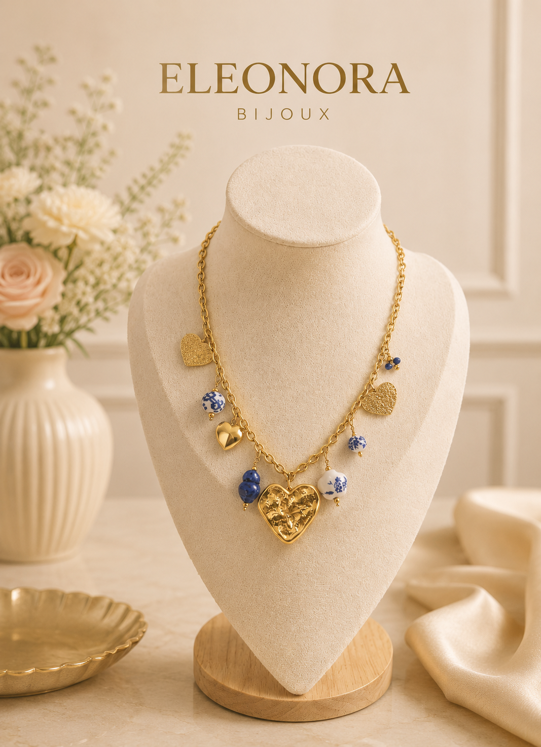 Collier Charme cœur bleu et doré
