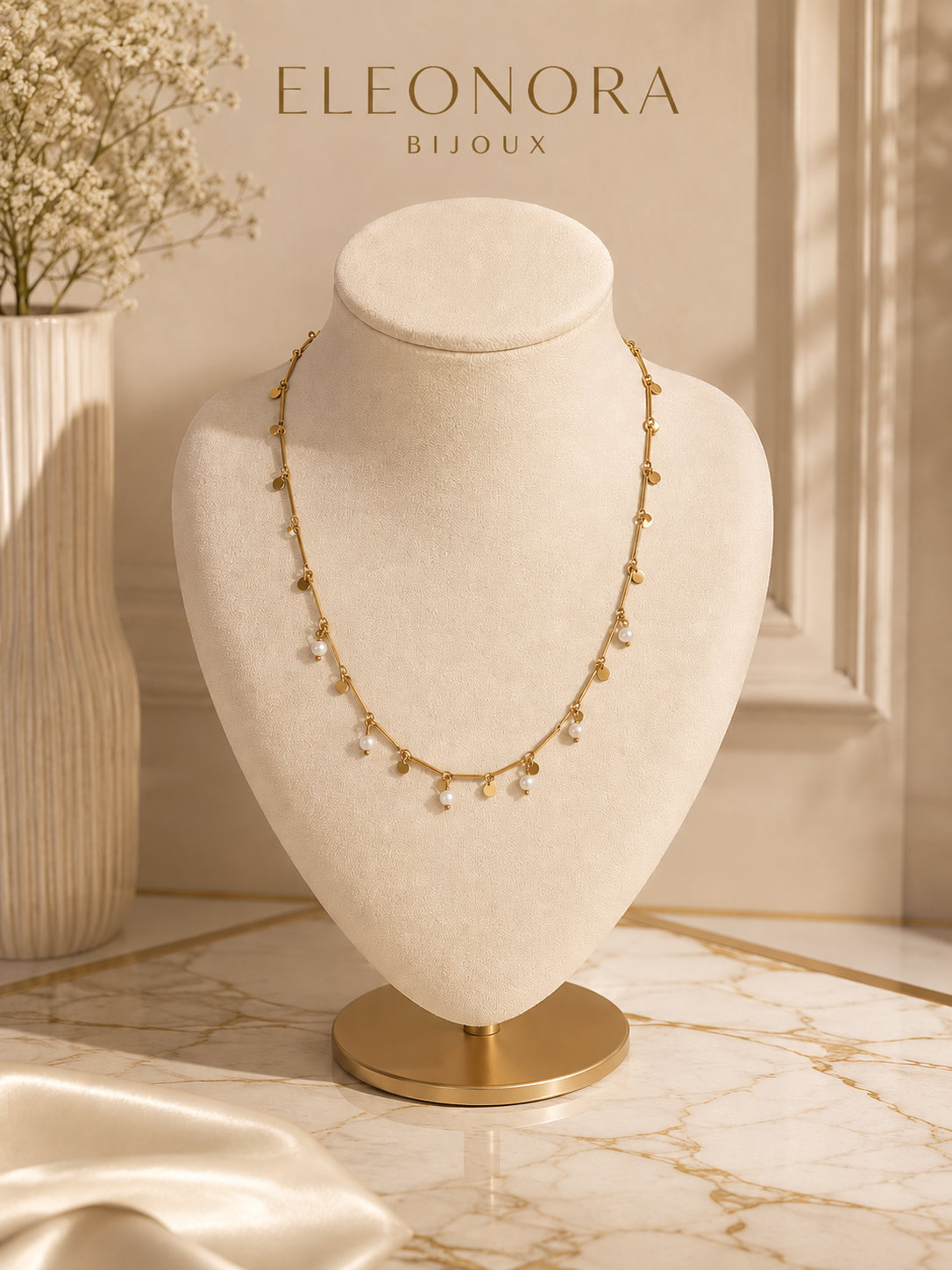 Collier Perles Doré en Acier Inoxydable