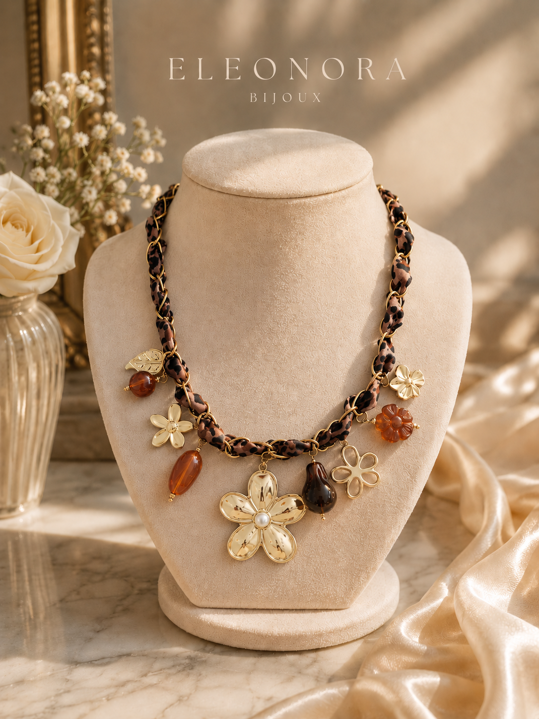 Collier Charme fleuri léopard