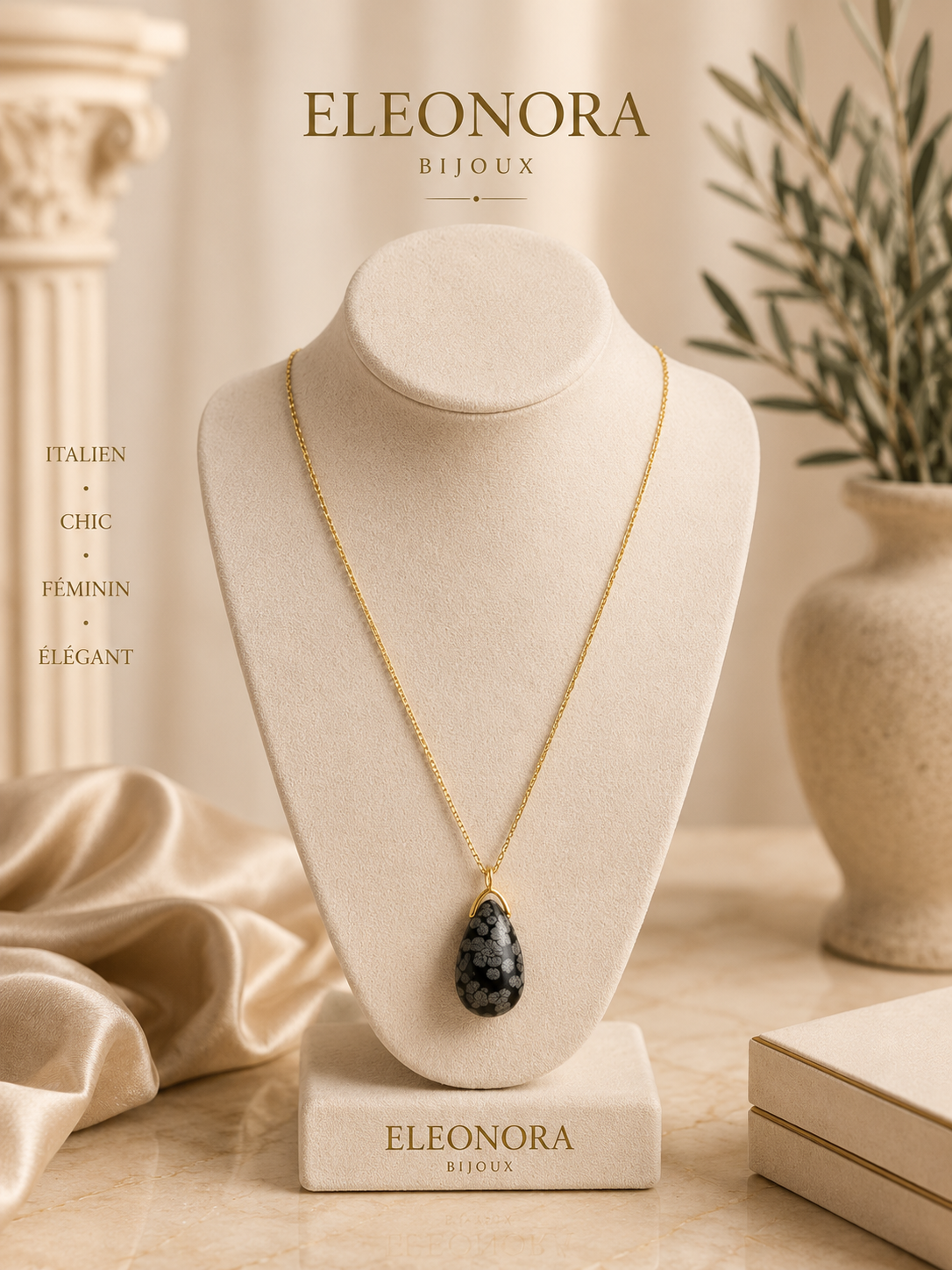 Sautoir pendentif goutte en obsidienne flocon de neige