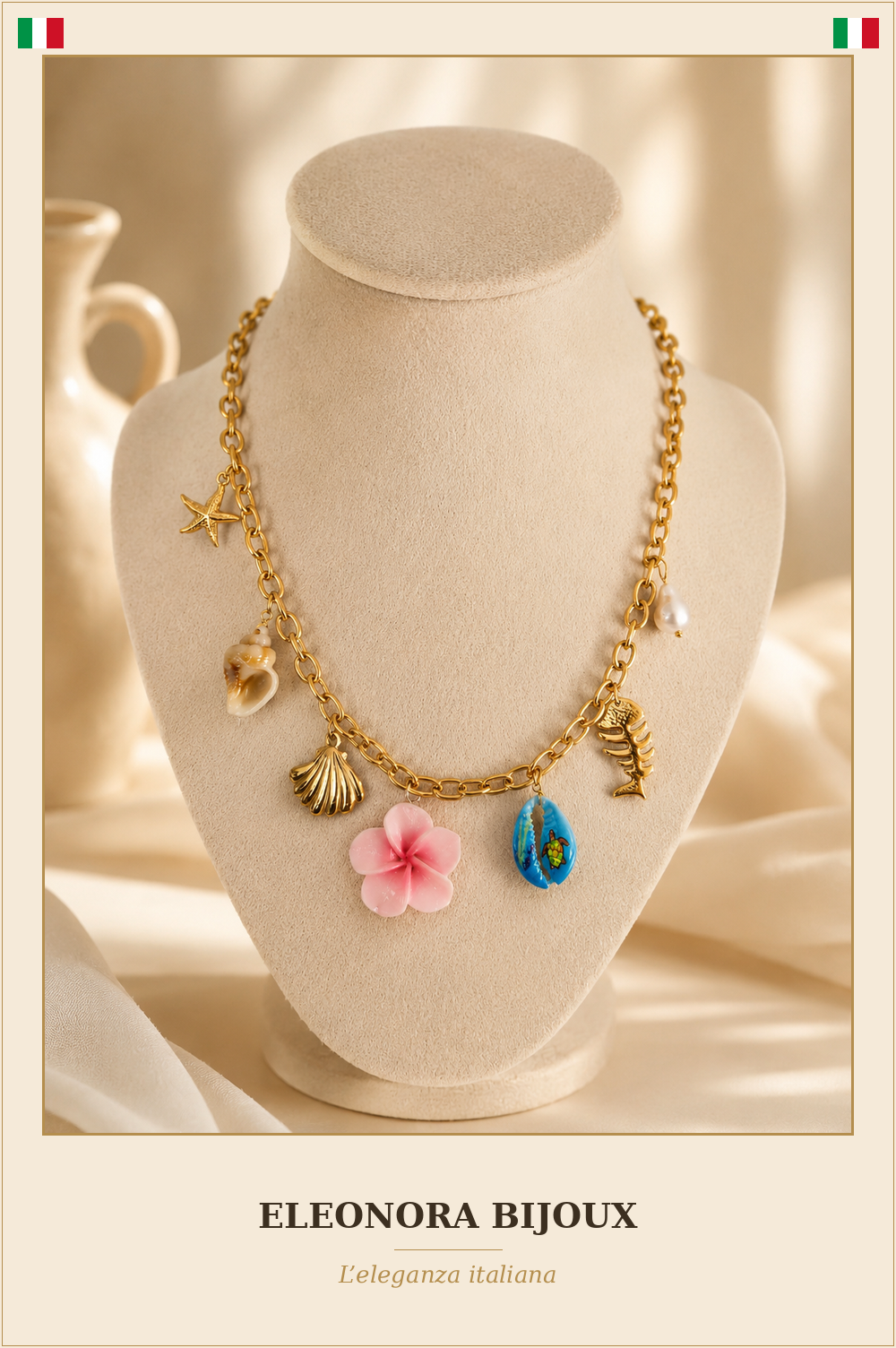 Collier Été doré frangipanier rose charms - Eleonora Bijoux