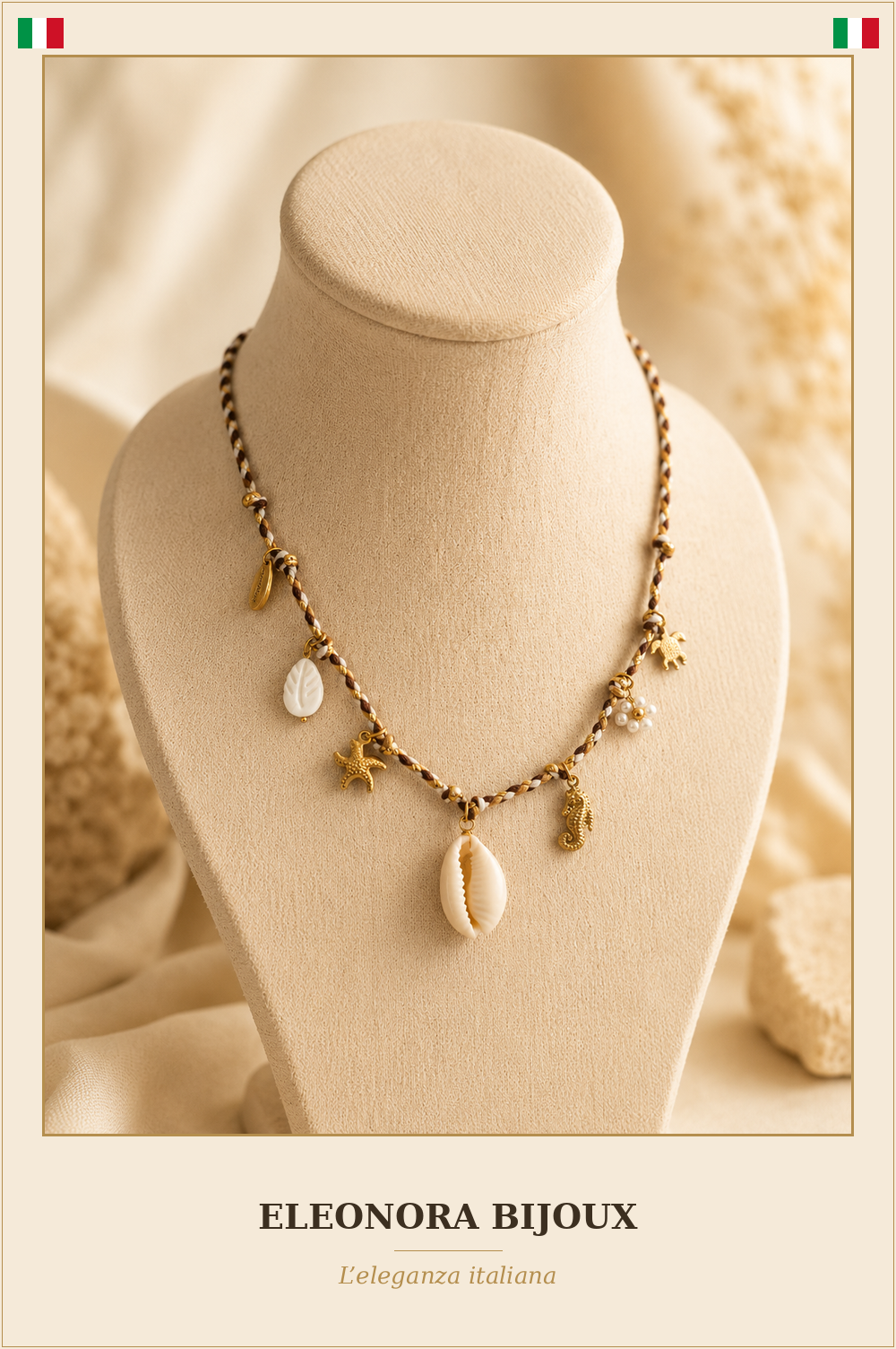 Collier Été cordon tressé cauri - Eleonora Bijoux