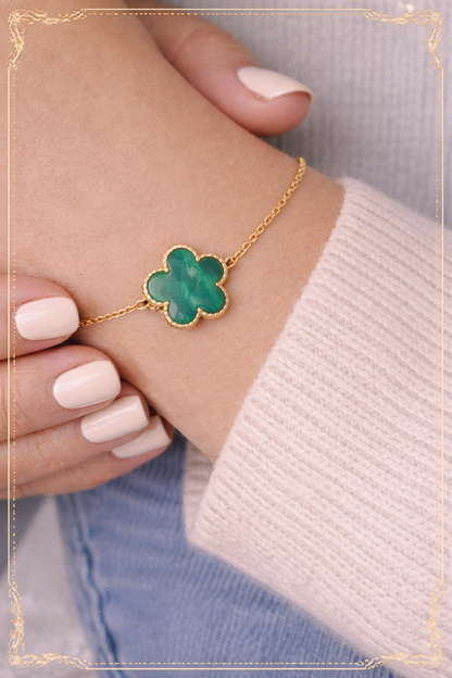 Bracelet Trèfle Doré en Acier Inoxydable et Pierre Verte