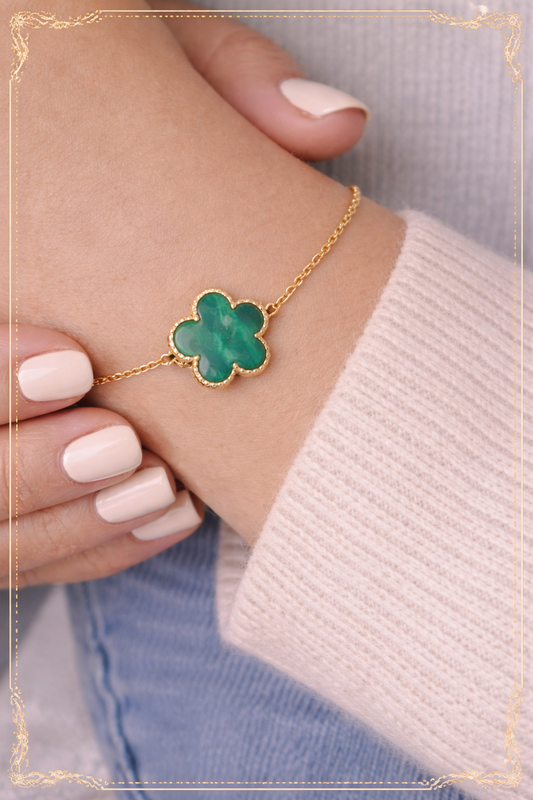 Bracelet Trèfle Doré en Acier Inoxydable et Pierre Verte